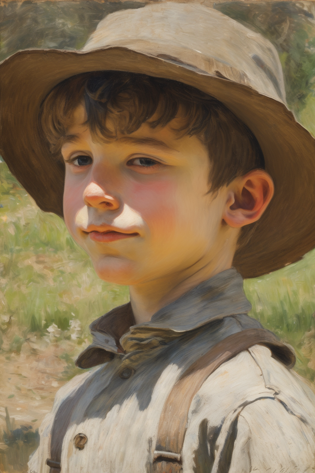 00583-3926071142-Jules Bastien-Lepage Style - Close-up of a young boy of the 1890s, showing joy, wearing a wide-brimmed hat, wearing overalls. pr.png